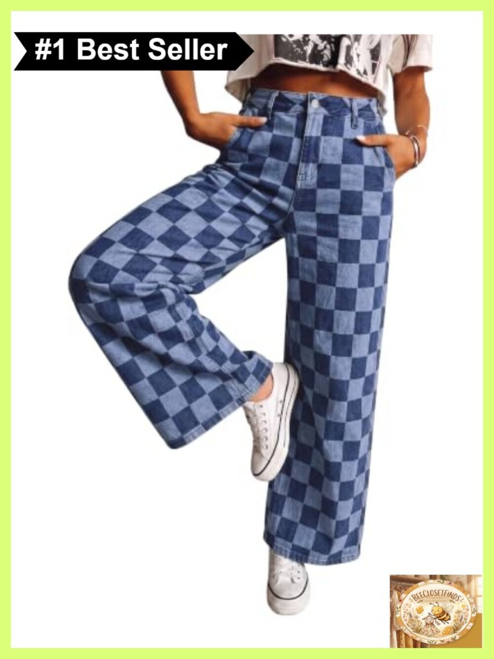 High Rise Cinch-Waist Wide Leg Stretch Jeans Checkered Baggy Denim